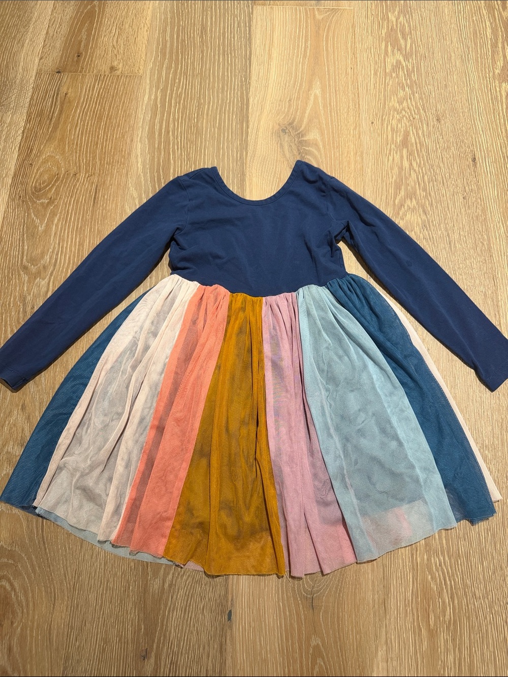 Hanna Andersson Navy Long-Sleeve Rainbow Tulle Skirt Kids Dress